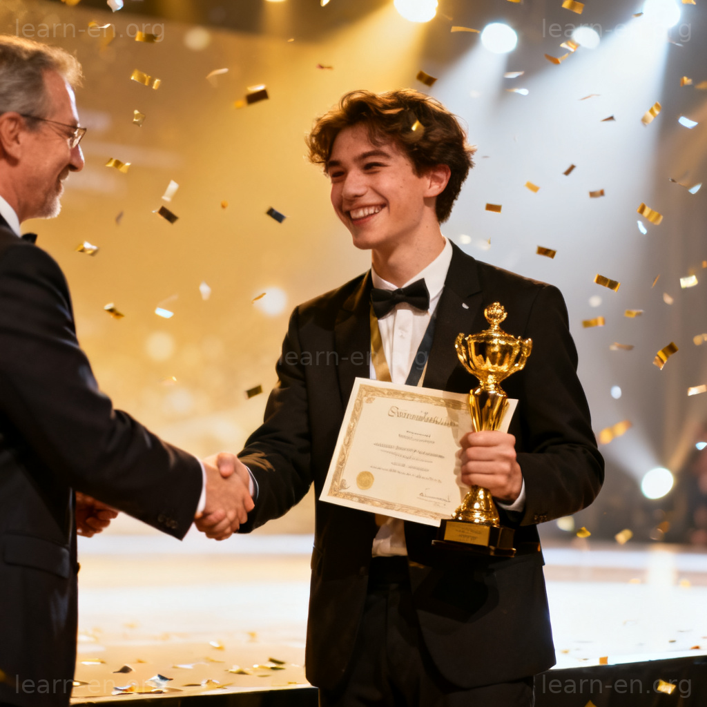 Recognition at an awards ceremony with a person receiving a golden trophy and certificate
