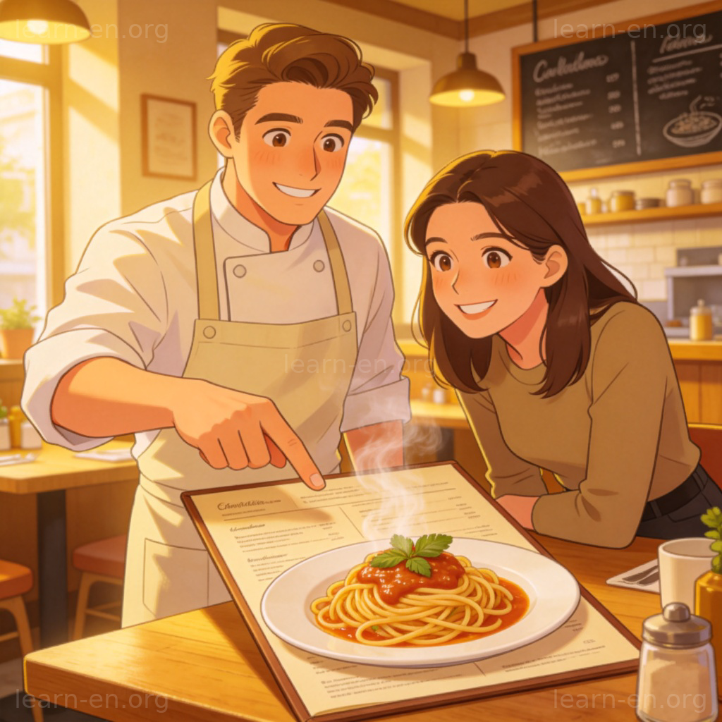 Chef pointing at menu recommendations for customer