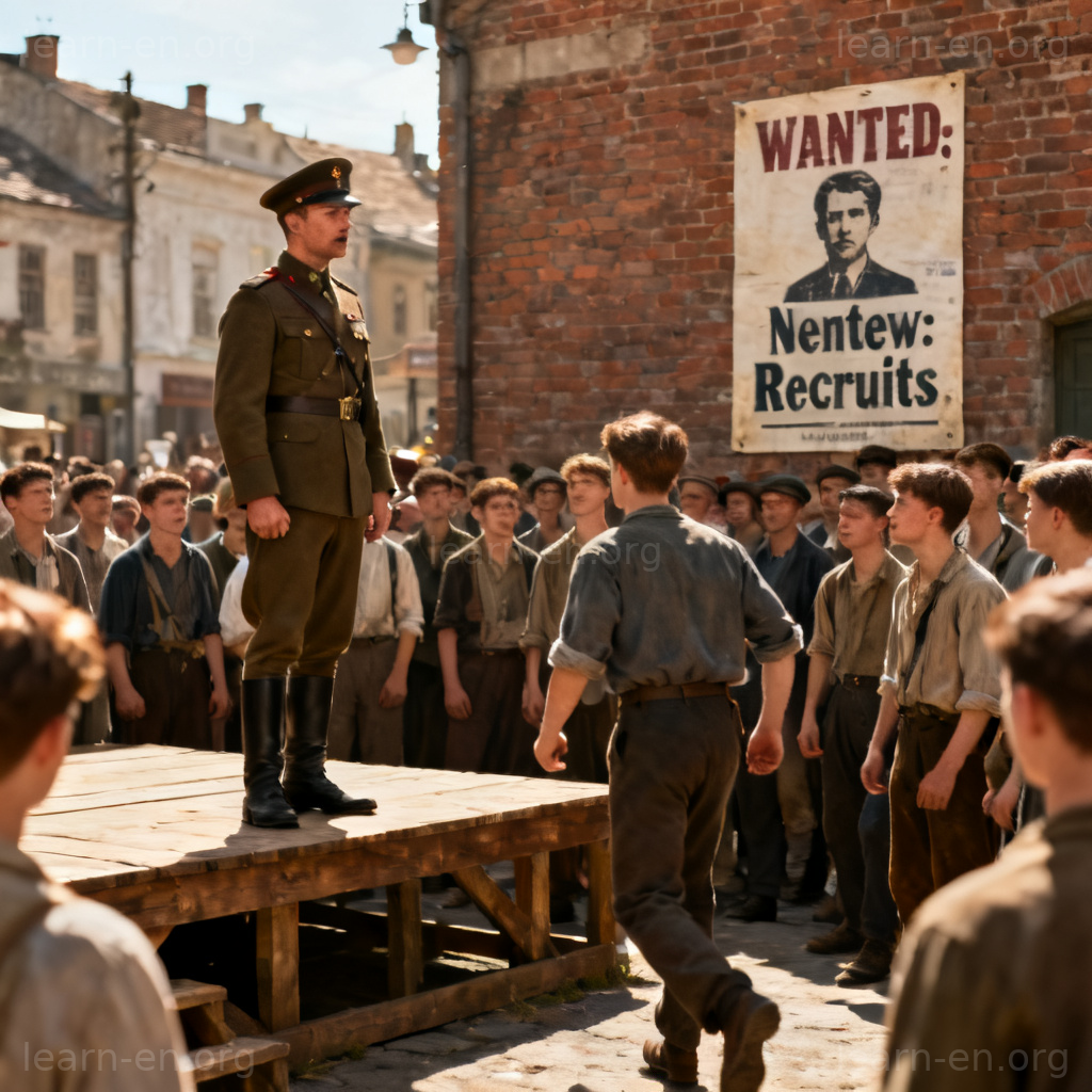 Visual definition of recruit: historical military officer enlisting new soldiers in a town square.
