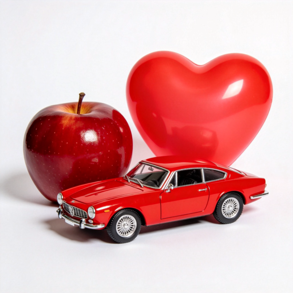 A vibrant collection of classic red objects on a plain white surface: a shiny red apple, a bright red toy car, and a red heart-shaped balloon. Bright, even studio lighting, sharp focus, clean background. No text.