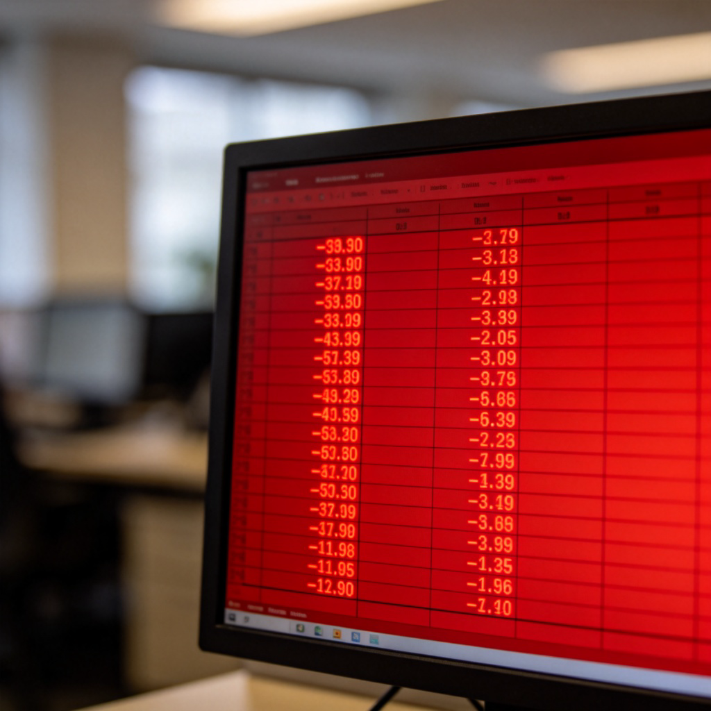 A close-up of a simple financial spreadsheet on a computer screen. One column of numbers is clearly highlighted in bright red font, showing negative values. The rest of the screen is blurred, focusing only on the red numbers. Office environment in the background.