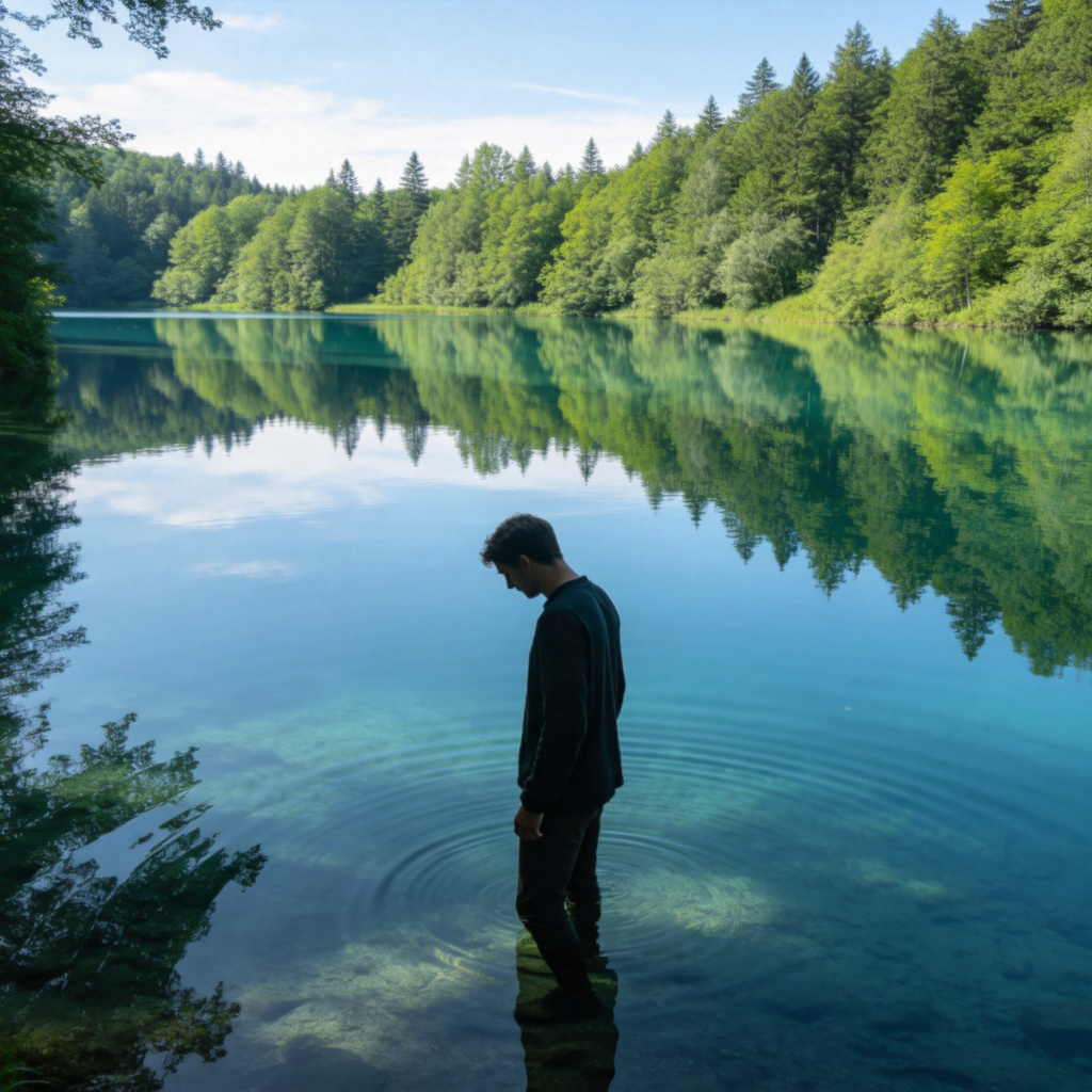 reflection 倒影含义图解：湖面清晰映出树木天空的影像