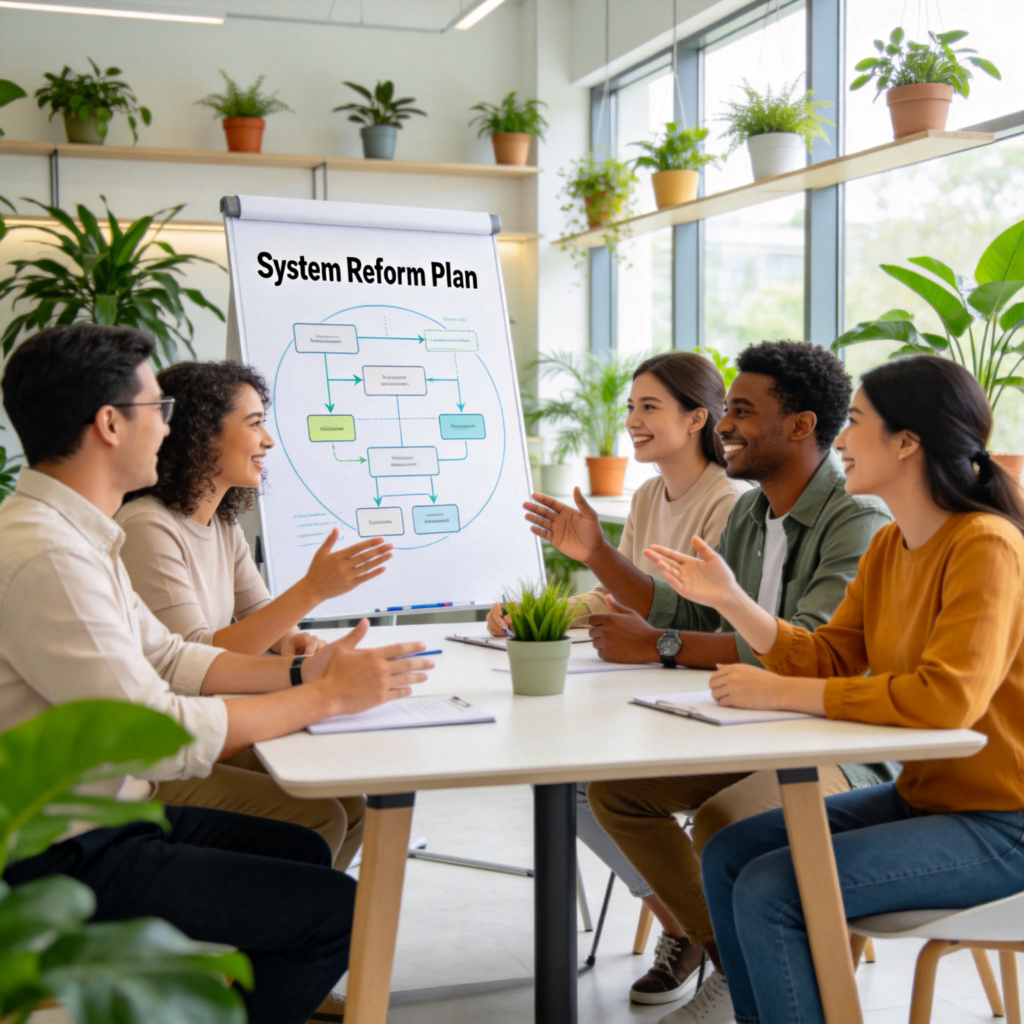 A diverse group of people sitting around a modern table in a bright community center, looking at a large flip chart with a drawn diagram titled 'System Reform Plan'. They are engaged in positive discussion. Clean, well-lit environment with plants. No text on the chart besides the title.