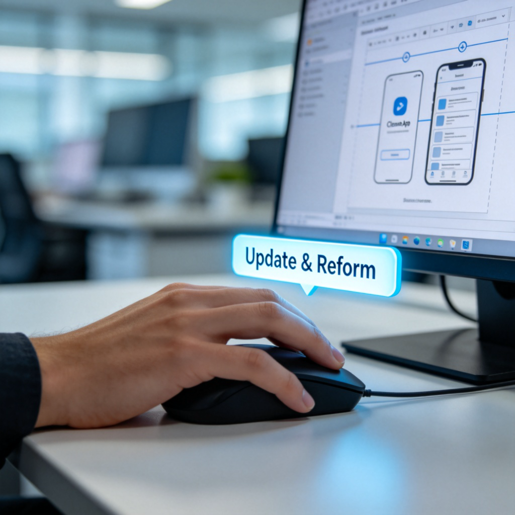 A person's hand using a computer mouse to click on a bright 'Update & Reform' button on a software interface. The screen shows a simple before-and-after diagram of a cleaner app layout. Close-up on the screen and hand, blurred modern office background. No text besides the button label.