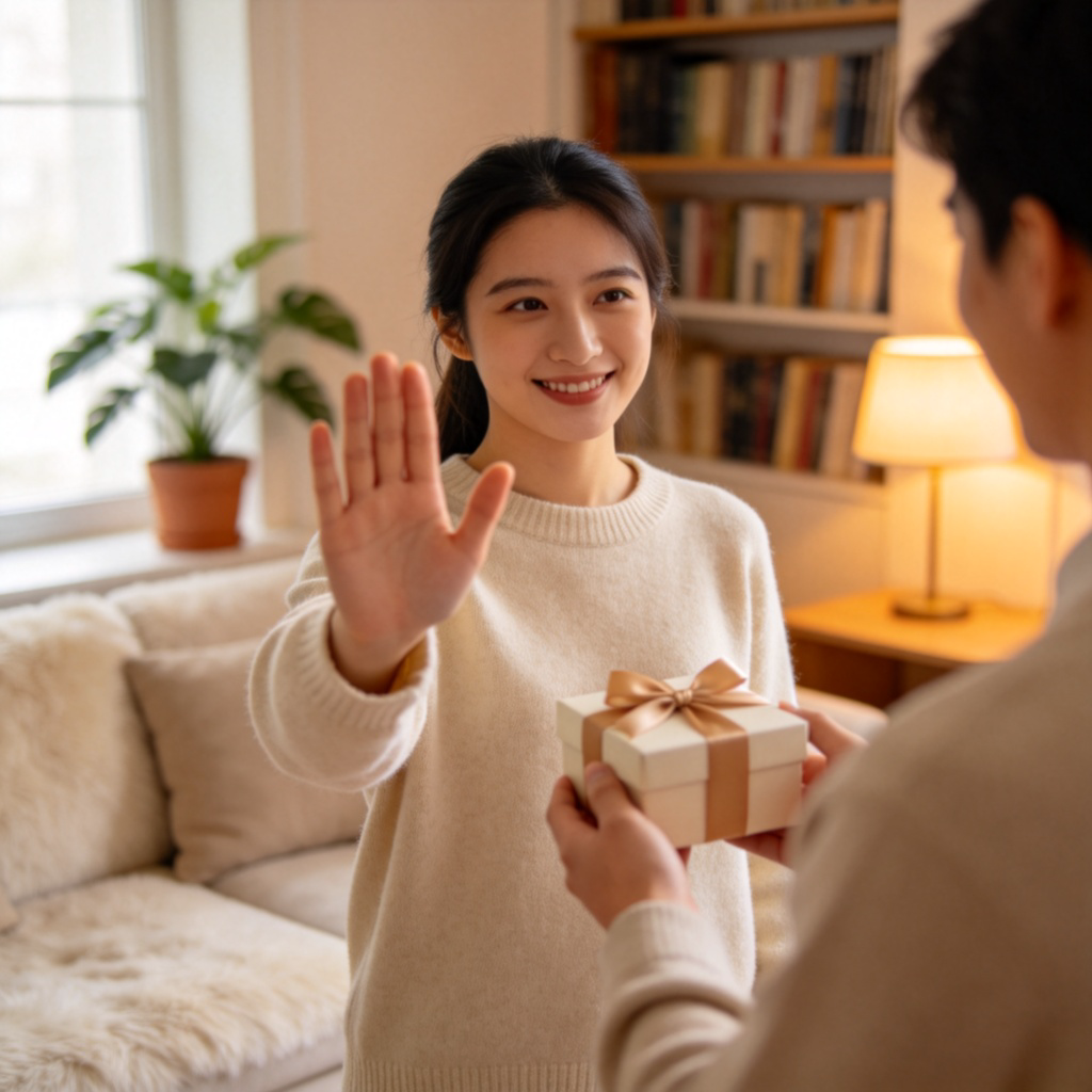 A person holding up a hand in a gentle 'stop' gesture, with another person offering a small gift box. They are in a cozy living room, smiling politely. Clear focus on the interaction, natural lighting. No text.