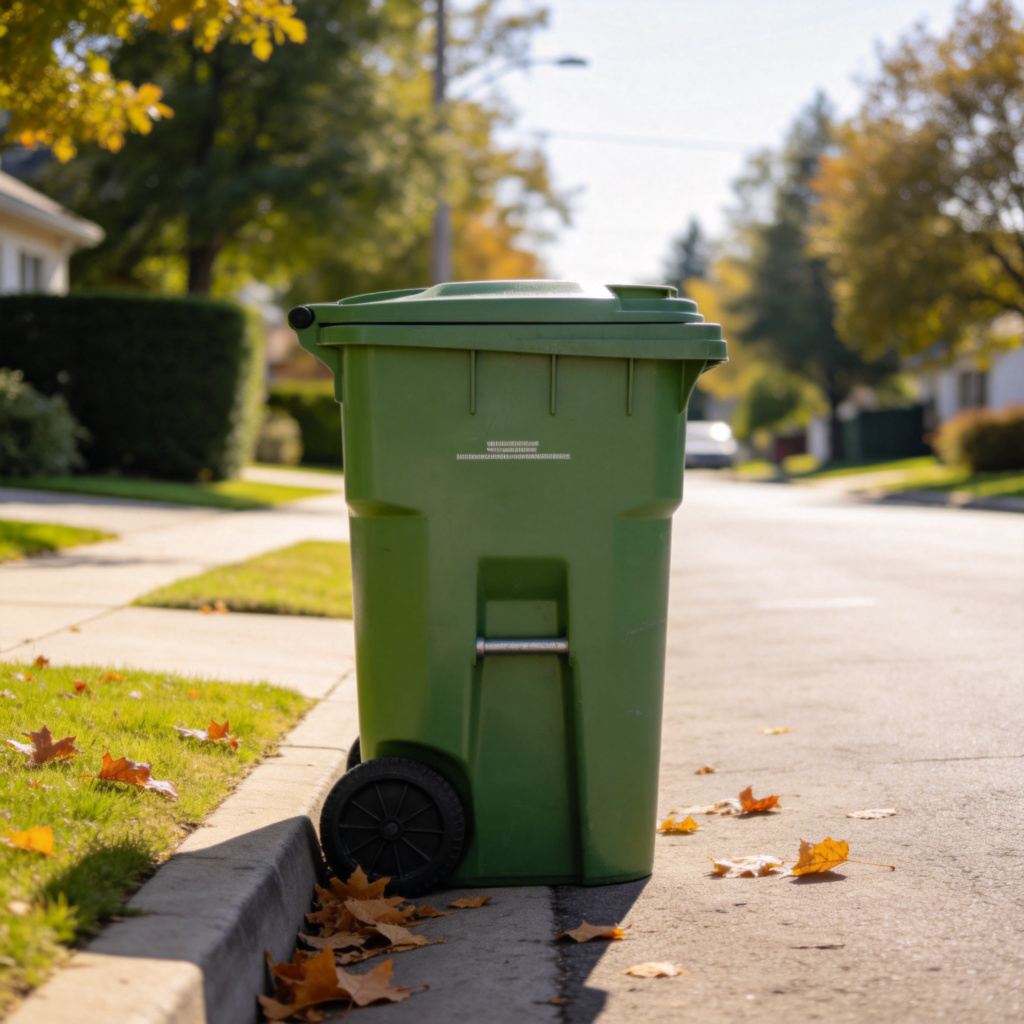 A full green garbage bin placed neatly on a suburban street curb, with a few fallen leaves around it. Daylight, clean background, focus on the bin as the main object. No text.