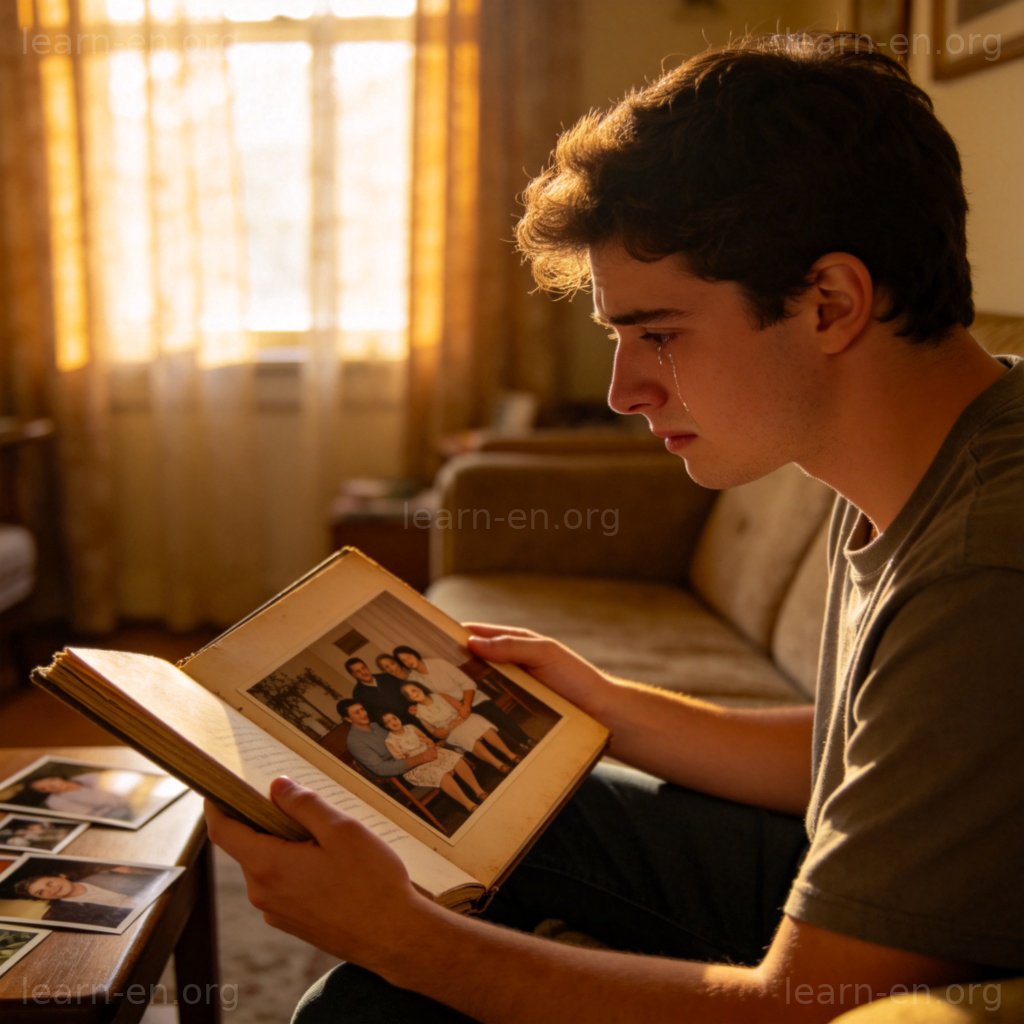 regret 后悔含义图解：年轻人看着错过的家庭合影面露伤感