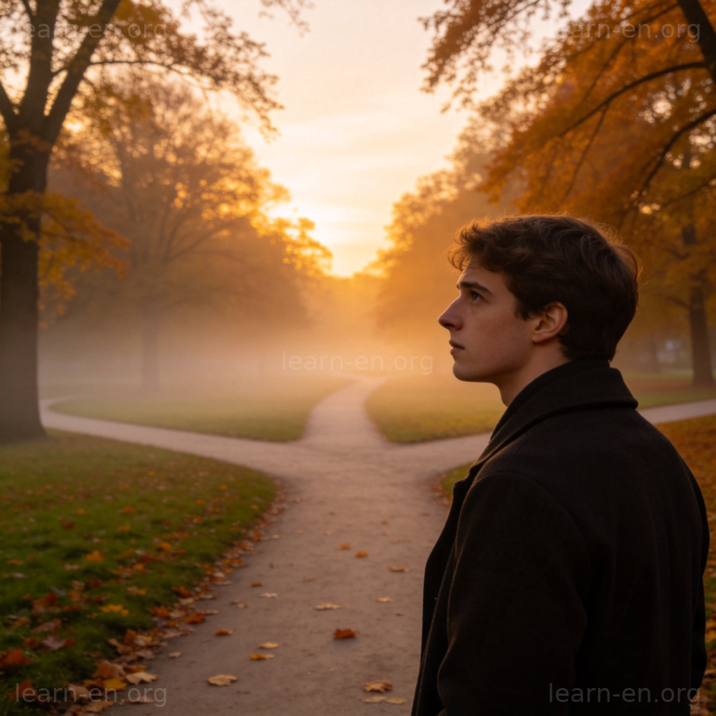 regret 遗憾含义图解：站在秋日岔路口的人凝望未选择之路