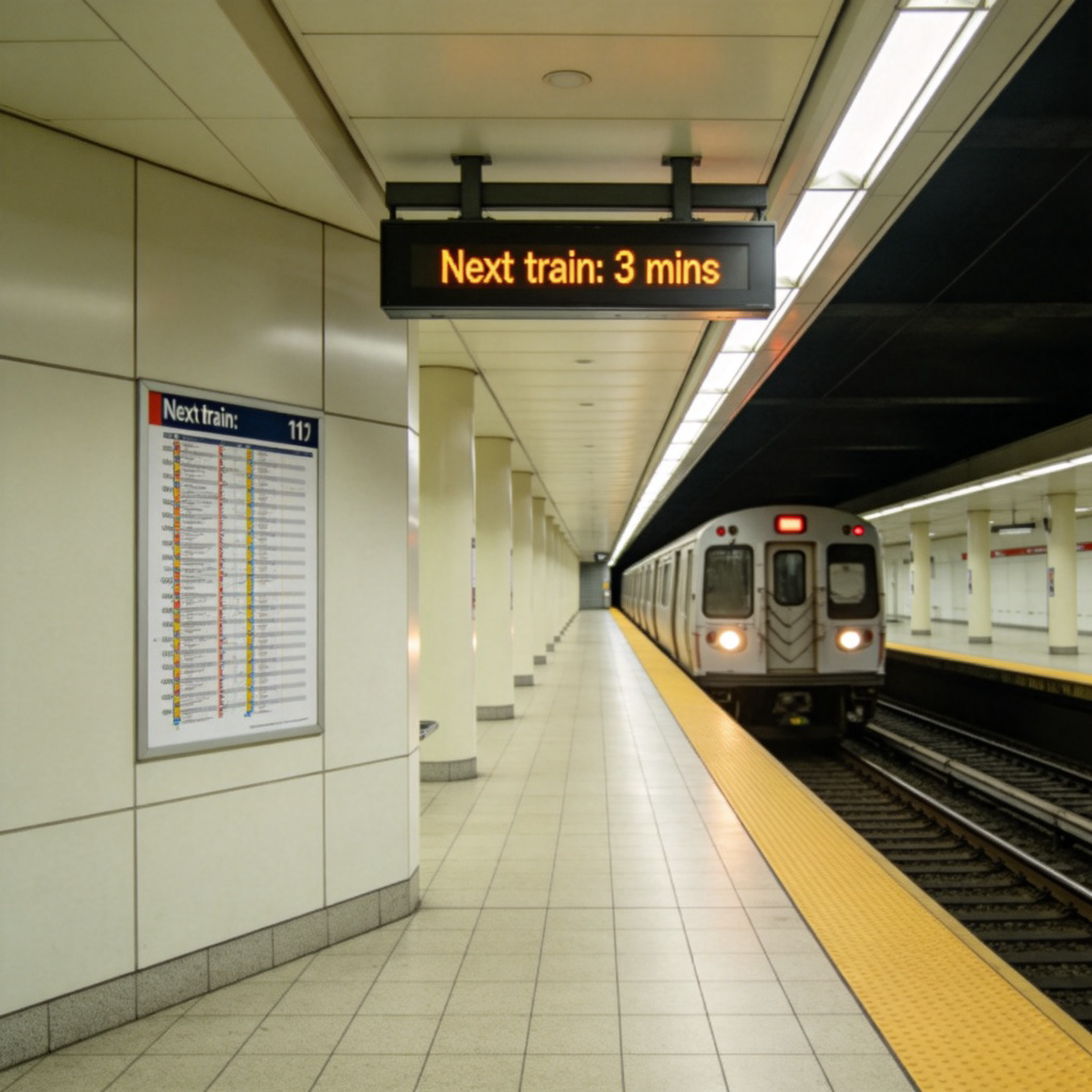 A view of a subway station platform, with a clear electronic display board showing ‘Next train: 3 mins’. A train is arriving exactly at the same moment as shown on a printed timetable poster on the wall. Clean, modern station, natural lighting, focusing on the timetable and the arriving train. No text on the train itself.