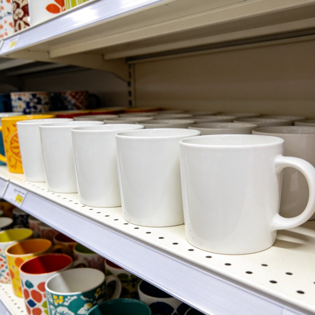 A supermarket shelf neatly stocked with several identical, simple white ceramic coffee mugs. They are plain, without any patterns or logos, next to a section of more colorful and decorative mugs. Bright store lighting, focus on the plain mugs. No text on any mug.