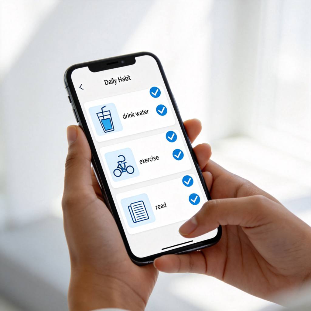 A person using a smartphone to check off items on a daily habit tracker app. The screen shows icons for "drink water," "exercise," and "read," with checkmarks for several consecutive days. Close-up on the phone screen and hands, clean and bright interface. No text or logos in the image.