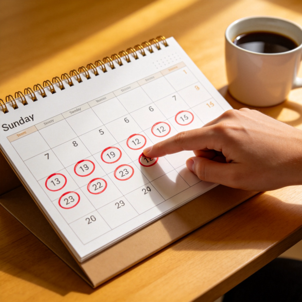 A wall calendar open to a specific month. Several future dates are circled in red marker, with equal intervals between them (e.g., every Sunday). A hand is pointing to the next circled date. Clean desk setting with a cup of coffee nearby. Natural lighting, focused on the calendar.