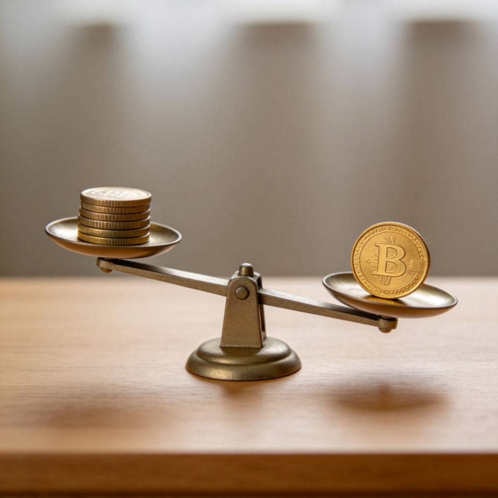 A clear, close-up photograph of a traditional balance scale on a plain wooden table. On one side of the scale is a stack of three coins, and on the other side is a single, larger gold coin, visually suggesting a comparison of value. The scale is slightly tilted, indicating a difference. Soft, even lighting, with a blurred neutral background. No text, numbers, or people in the image.