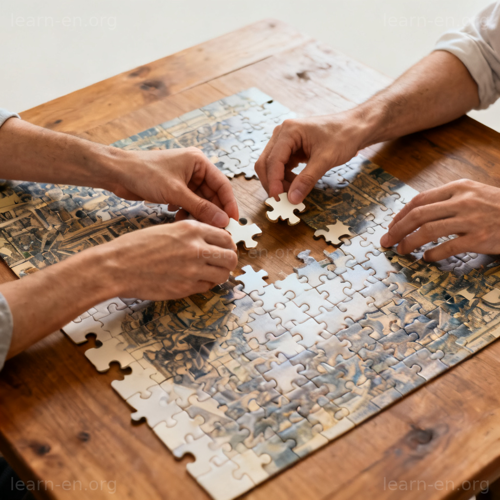 Reliance as trust shown by two pairs of hands cooperatively completing a jigsaw puzzle.