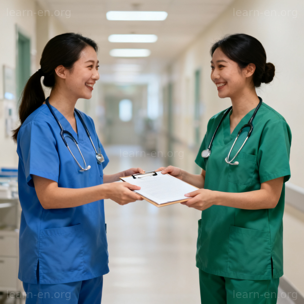 Visual guide: nurse relieving another during a shift change at work.