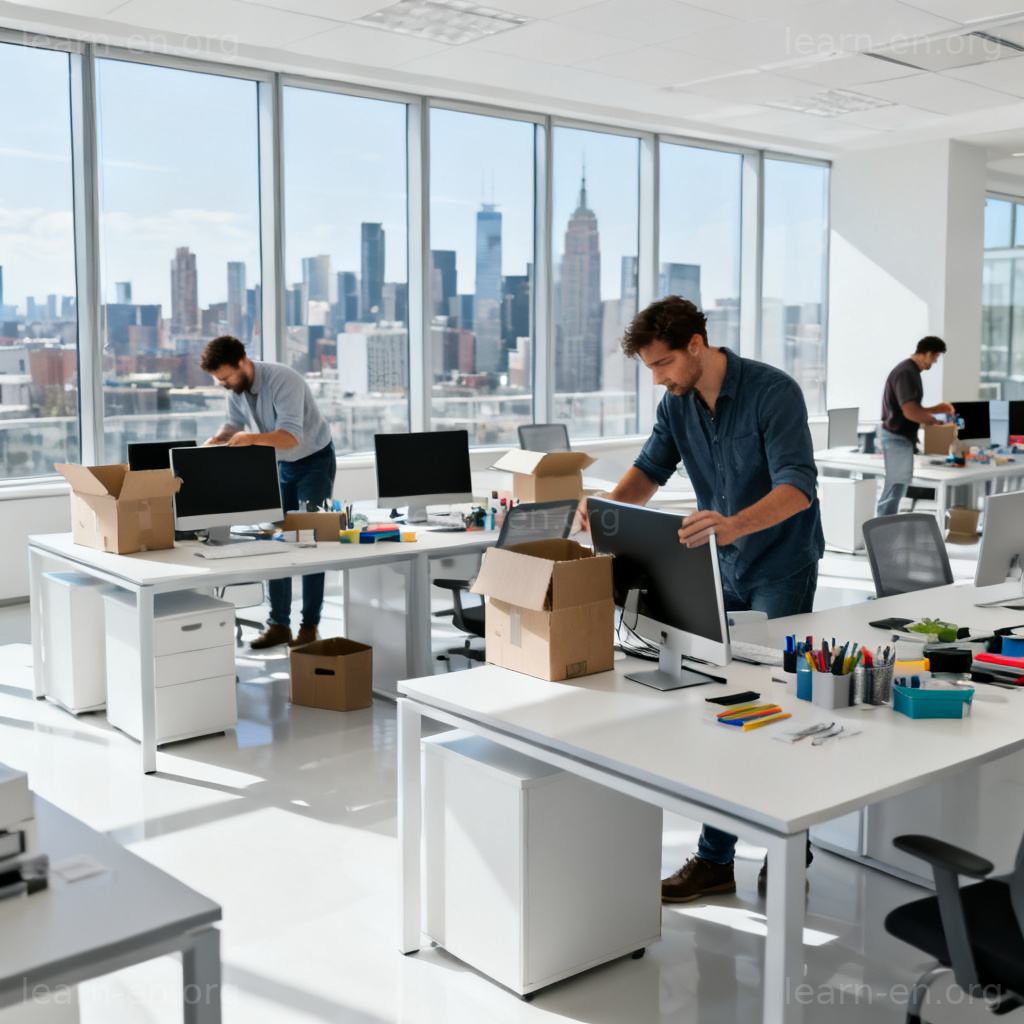 Workers setting up office equipment in new business location
