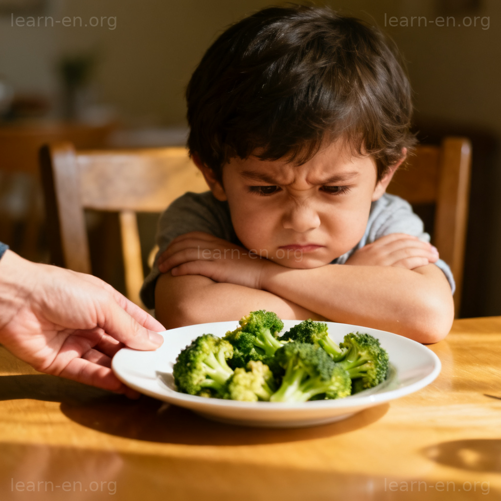 Reluctant child refusing broccoli, illustrating unwillingness and resistance