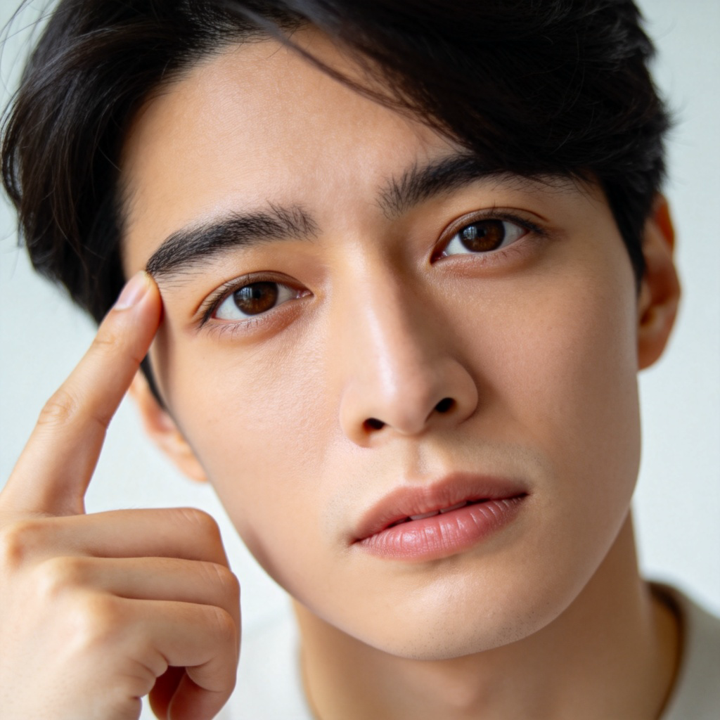 A person with a thoughtful expression, gently pointing a finger to their own temple or forehead, symbolizing the act of remembering. Plain, soft-colored background, close-up on the face and hand to emphasize the gesture. Natural, clear lighting. No text or symbols in the image.