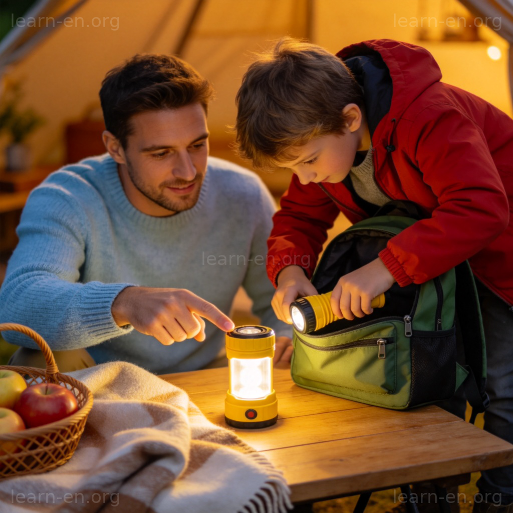 Remember to bring the flashlight 场景图解：家庭夜晚野餐前收拾行李