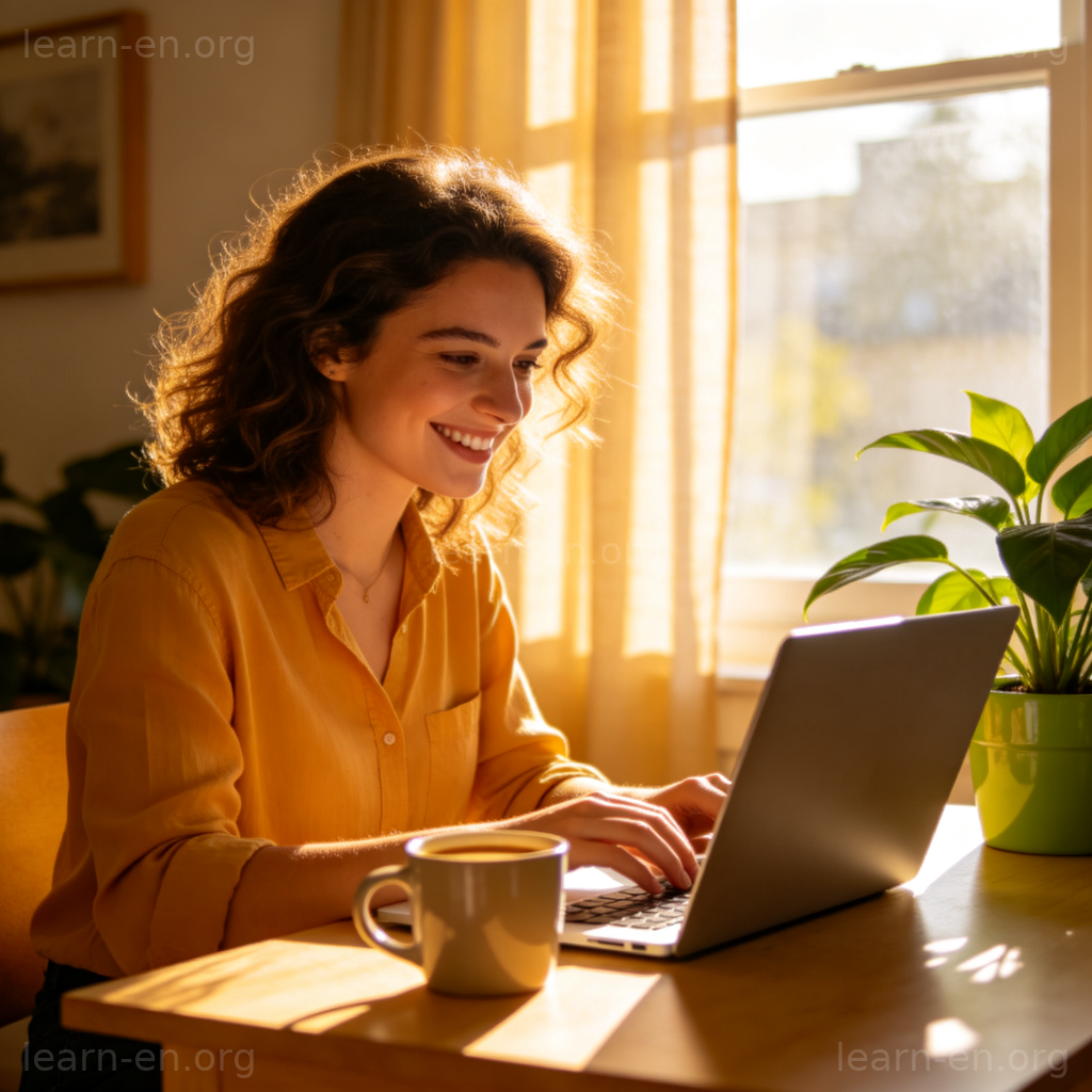 Remote Work 图解：员工在家中使用笔记本电脑愉快办公的场景