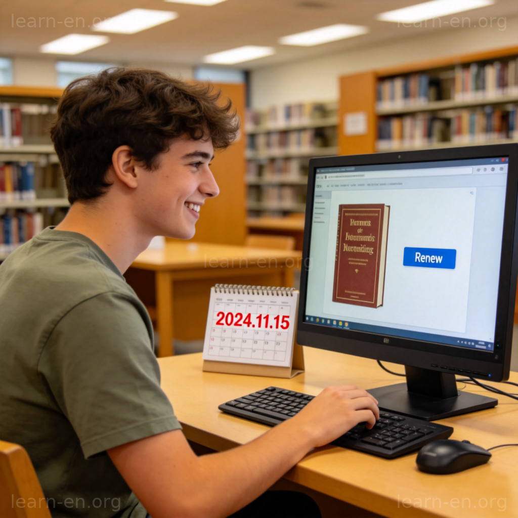 renew a book 图解：学生在图书馆电脑前点击续借按钮