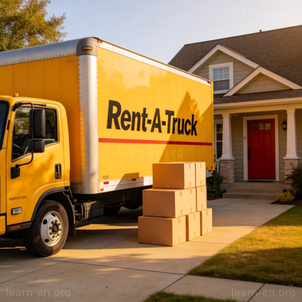 Rental Truck 图解：带租赁公司标志的黄色卡车在房屋前