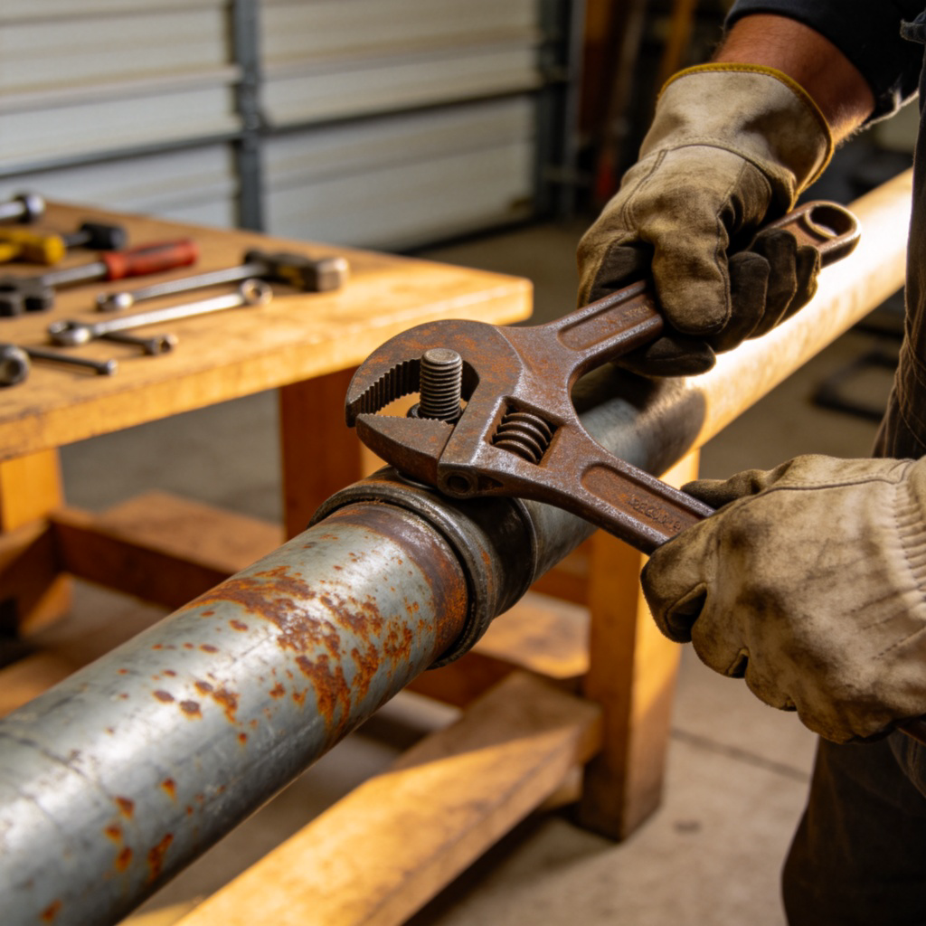 A close-up shot of a person's hands wearing work gloves, using a wrench to tighten a bolt on a metal pipe with visible rust. The background is a simple garage setting with tools on a bench, natural lighting, realistic detail. No text.