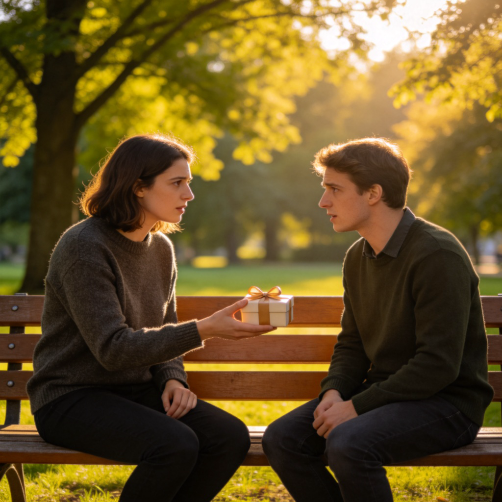 Two people sitting on a park bench, facing each other and talking earnestly, with one person offering a small gift as a gesture of apology. The scene is peaceful with trees in the background, soft afternoon light, realistic style. No text.