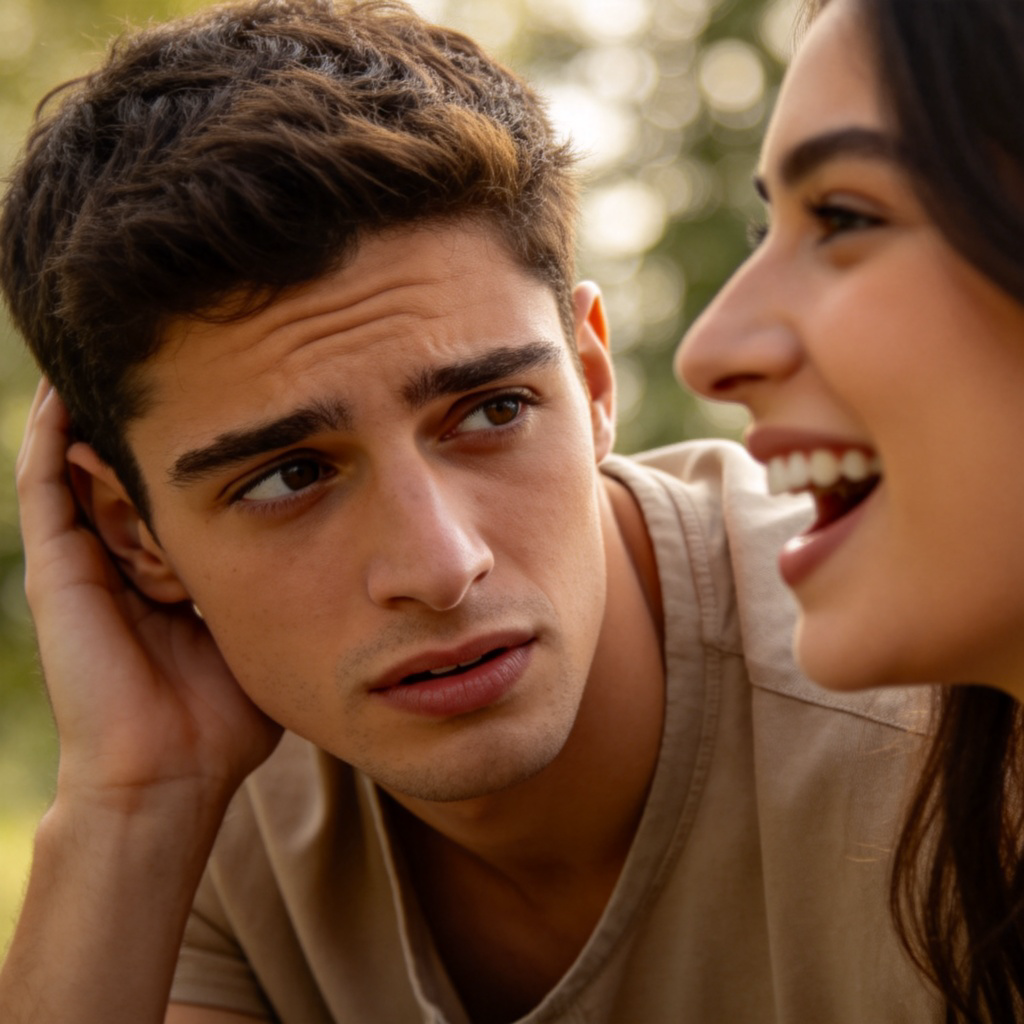 A close-up shot of two people in a casual conversation. One person has a slightly confused expression, leaning forward with a hand cupped behind their ear. The other person is smiling and opening their mouth to speak again. The focus is on their interaction, with a soft, natural background. No text in the image.