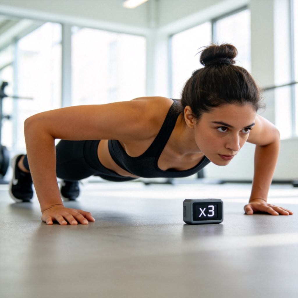 A person in sportswear is performing a push-up in a gym. A small digital counter on the floor next to them shows 'x3'. The person is in the 'up' position, ready to go down again, clearly indicating a repeated exercise. Clean gym background, bright lighting. No text.