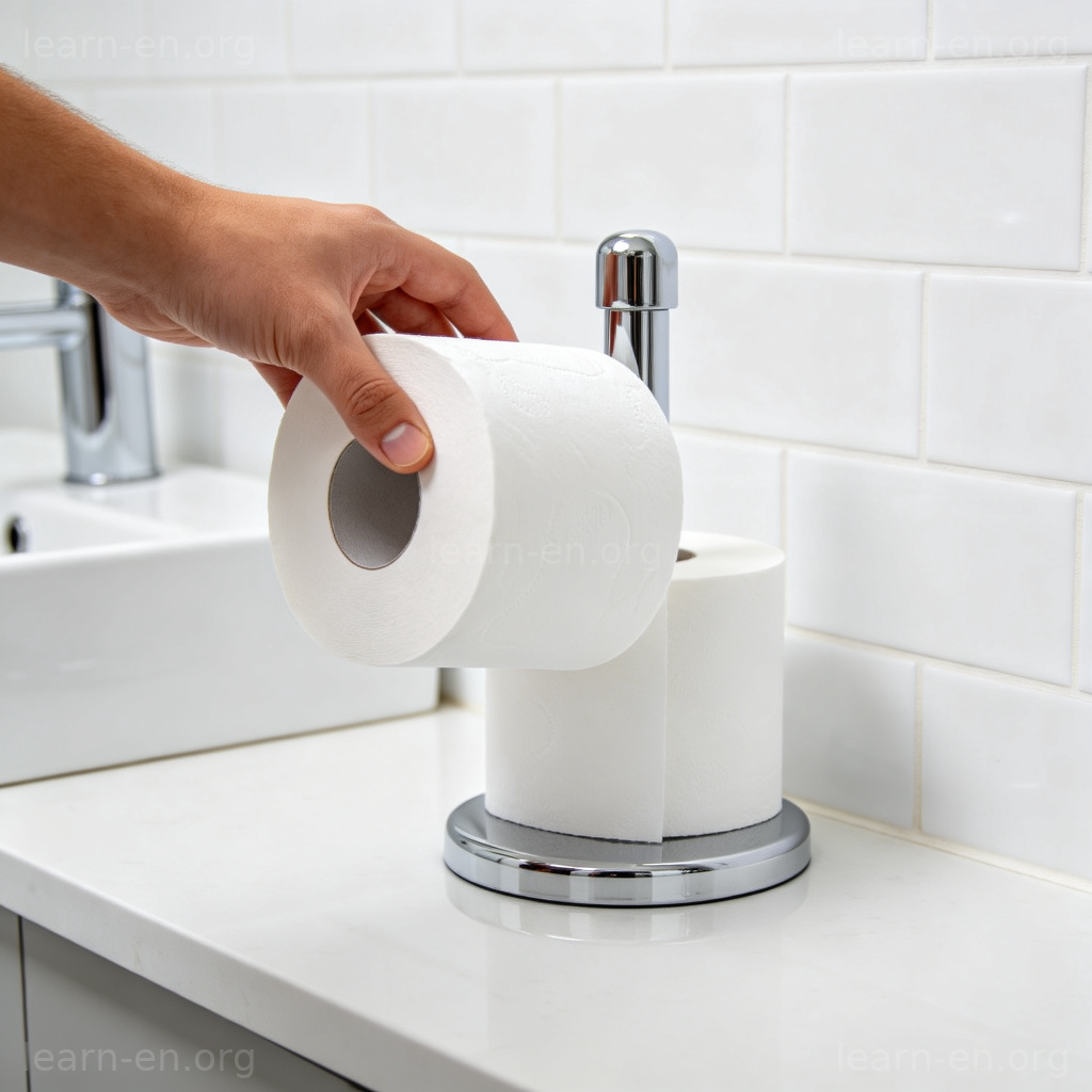 Replace the Toilet Paper 图解：干净浴室中更换卷纸动作特写