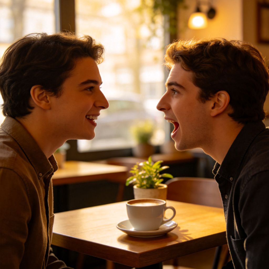 Two people sitting across from each other at a cozy coffee shop table. One person is speaking with a friendly expression, and the other person has just opened their mouth as if to give a verbal answer. The focus is on the moment of spoken response. Natural lighting, realistic style. No text.