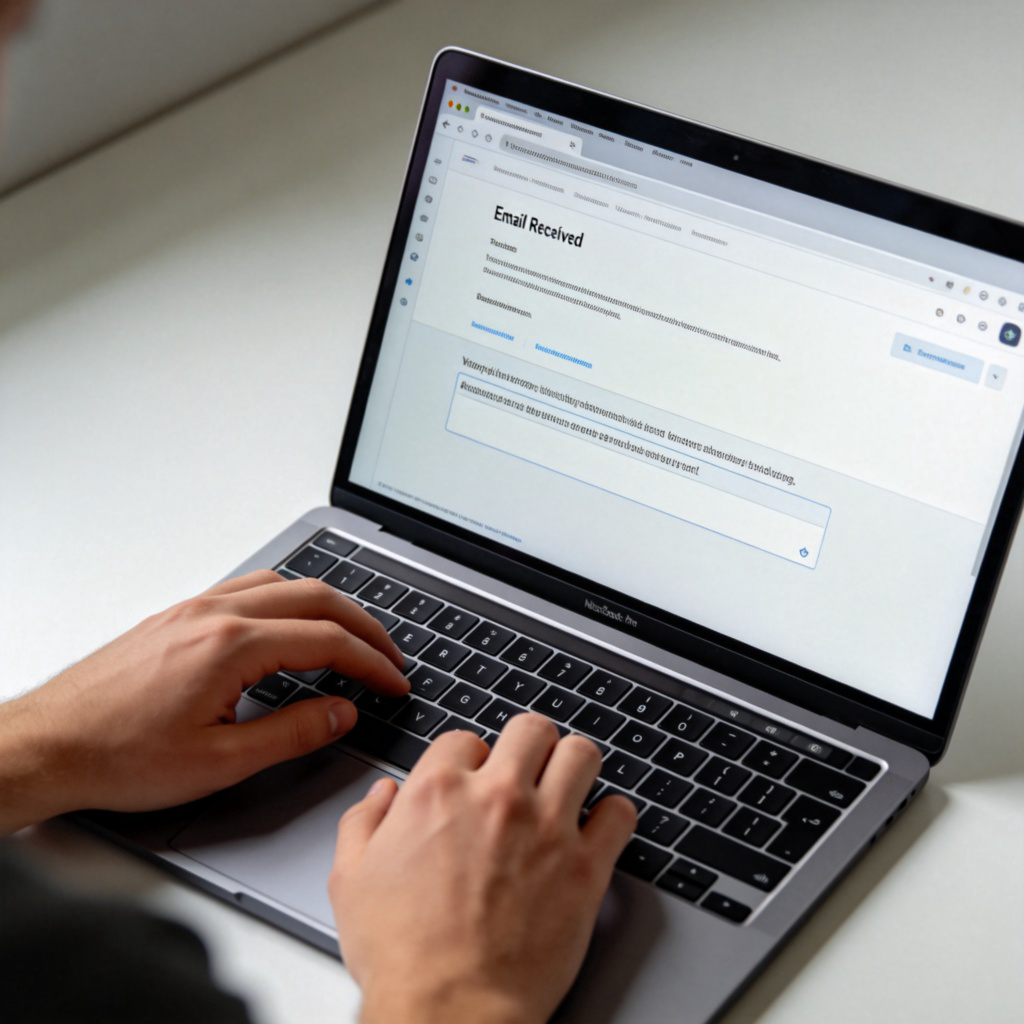A close-up view of a person's hands typing on a laptop keyboard. On the laptop screen, the text of an email is clearly visible, showing an email just received and a reply being typed in the text box below. Clean, modern setting. No text on the screen.