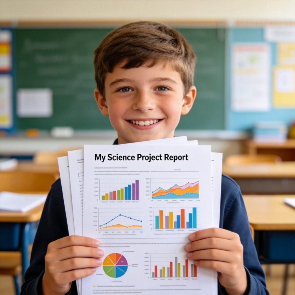A smiling student, around 12 years old, proudly holding up a multi-page paper with the title 'My Science Project Report' clearly visible. The report has colorful charts and graphs. The student is in a bright, tidy classroom. Focus on the student and the report. Natural lighting, clear details. No text on the image besides the simulated report title.