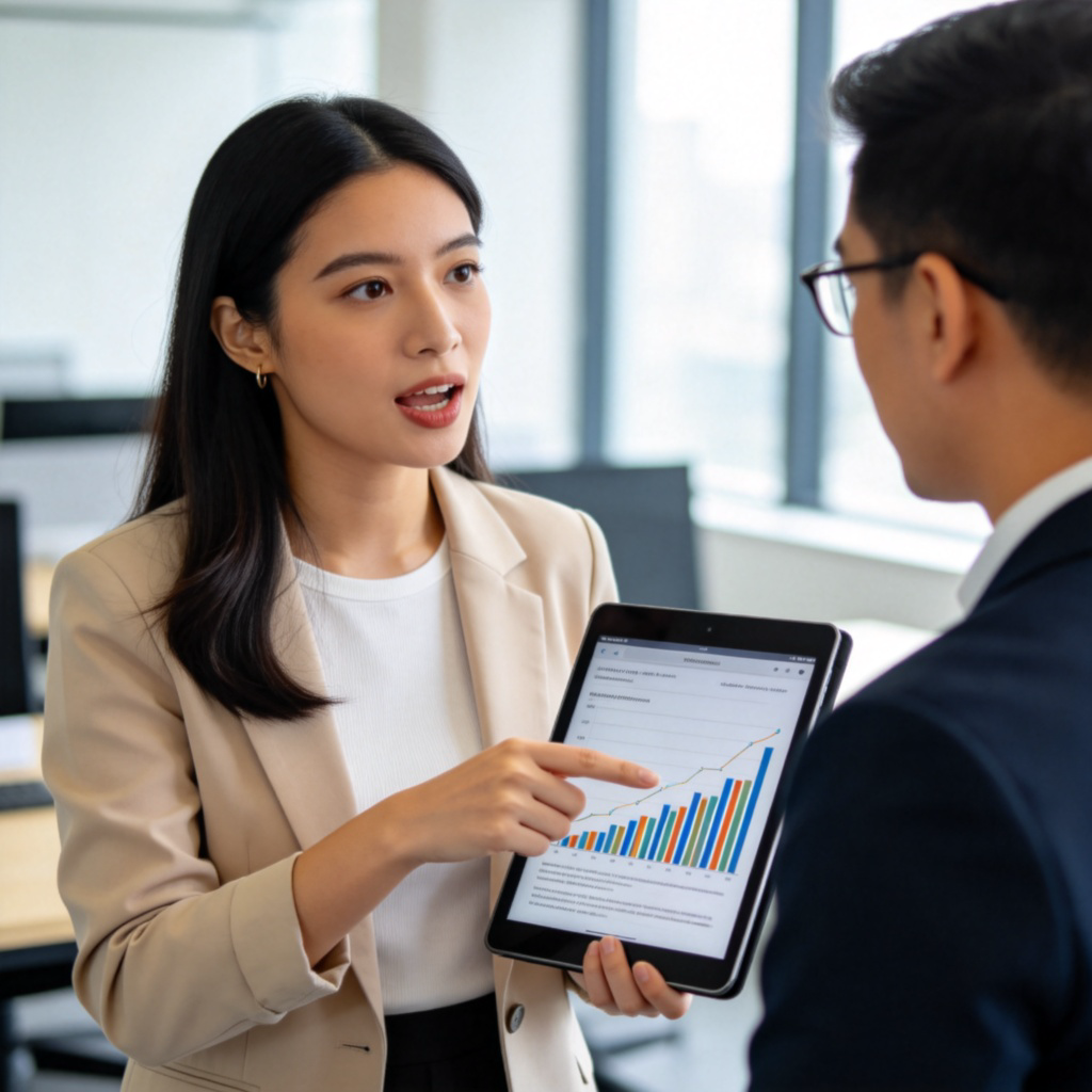 A professional woman in a modern office setting, speaking earnestly to her manager. She is pointing to a graph on a tablet screen. The manager is listening attentively. The scene conveys the act of giving a work update. Clean background, business casual clothing. Sharp focus on the interaction and the tablet. No text.