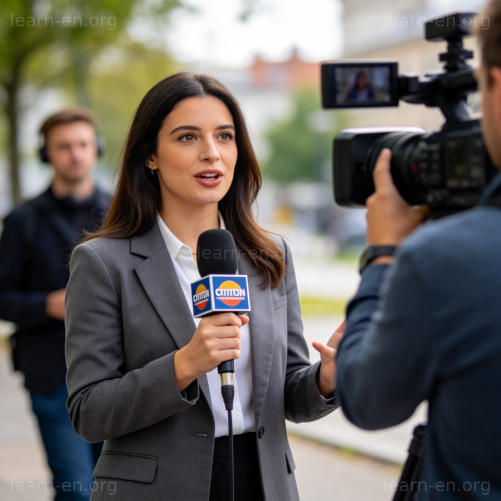 reporter 记者含义图解：手持话筒进行户外采访的专业记者
