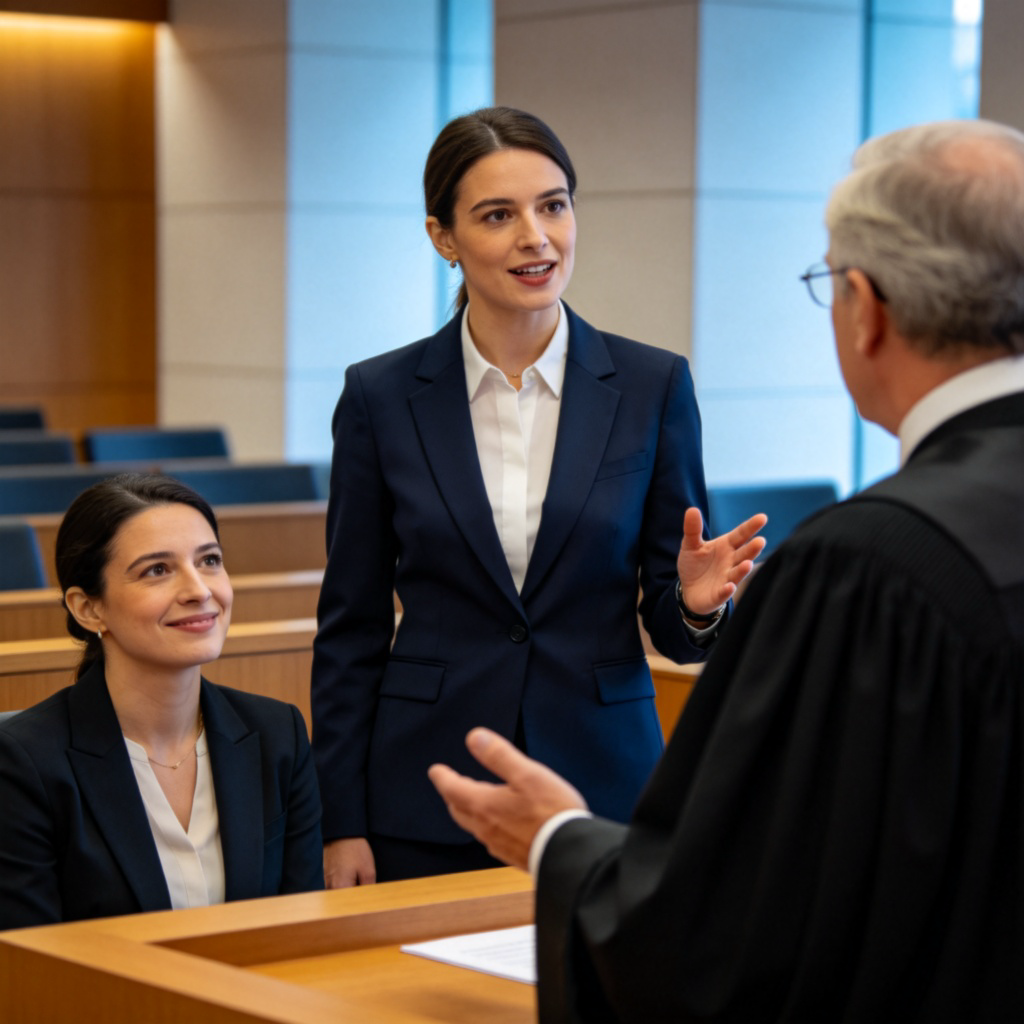 A lawyer in a suit, standing confidently in a modern courtroom, speaking to a judge while her client sits beside her looking relieved. The lawyer's hand is raised slightly, emphasizing she is the one acting and speaking for the other person. Realistic style, clear focus on the lawyer and client. No text.