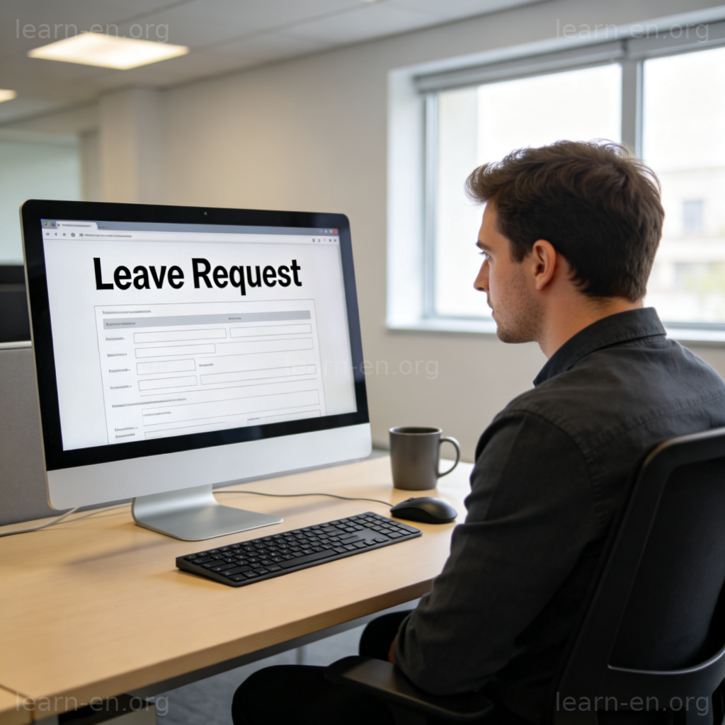 request leave 请假场景图解：员工在电脑前填写请假申请表