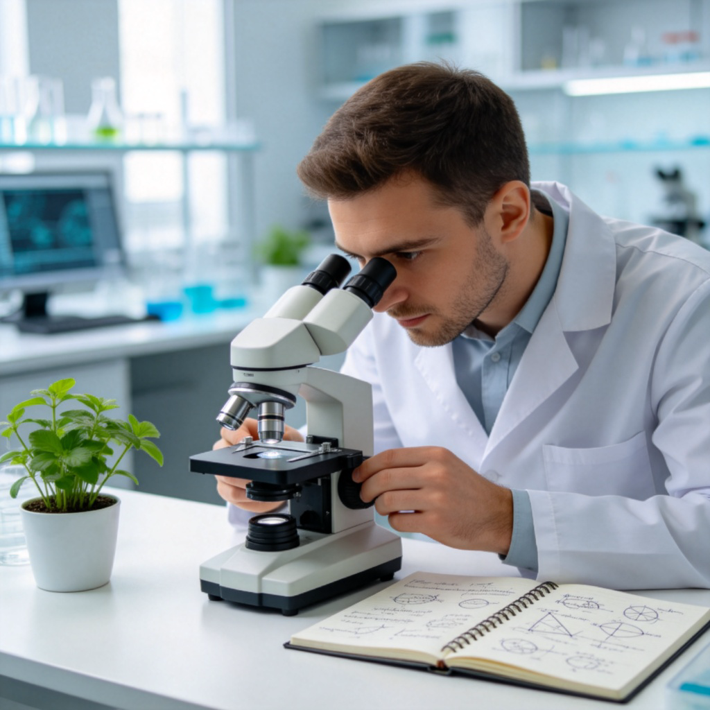 A scientist in a white lab coat is intently looking through a microscope in a clean, modern laboratory. On the table next to the microscope is a small potted green plant and a notebook filled with handwritten notes and diagrams. Bright, even lighting. Focus is on the scientist's focused expression and the microscope. No text.