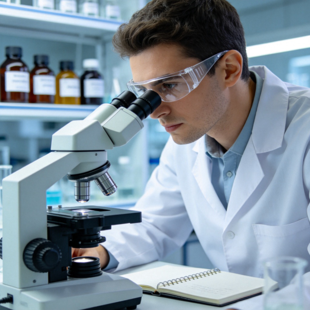 A person wearing a white lab coat and safety glasses, looking intently through a microscope in a modern, clean laboratory. Shelves with labeled bottles and a notebook are visible in the background. Bright, even lighting, focus on the researcher's focused expression and the scientific equipment. No text.