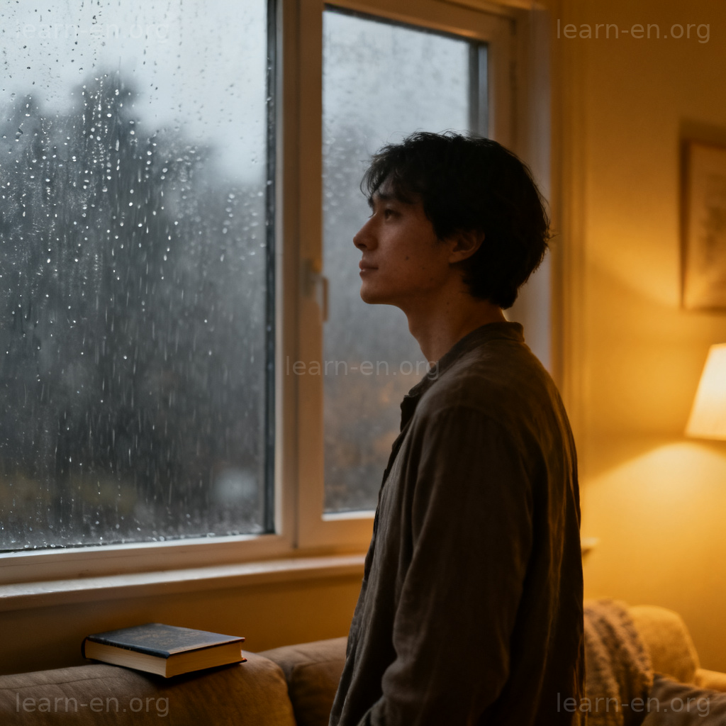 Resign meaning of calm acceptance shown by person peacefully watching rainy day.
