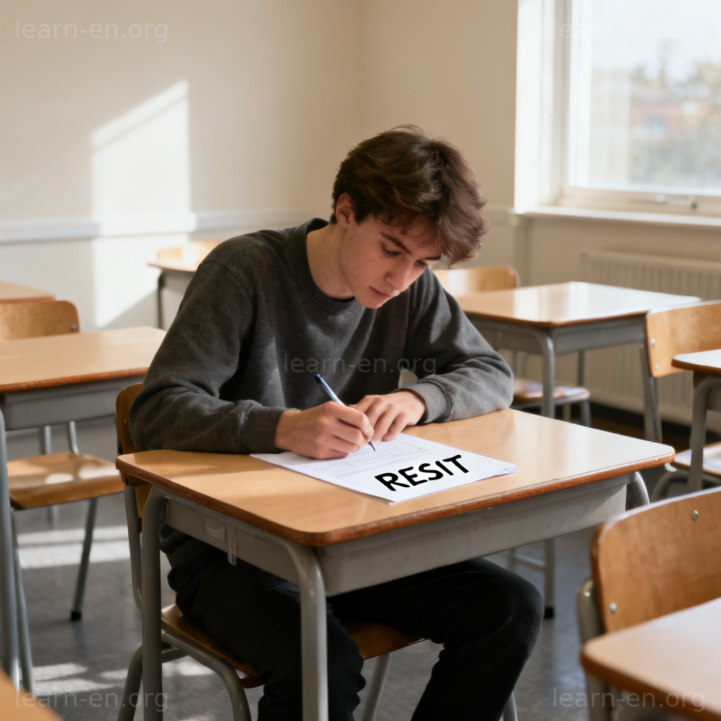 Resit exam meaning illustrated by a focused student retaking a test.