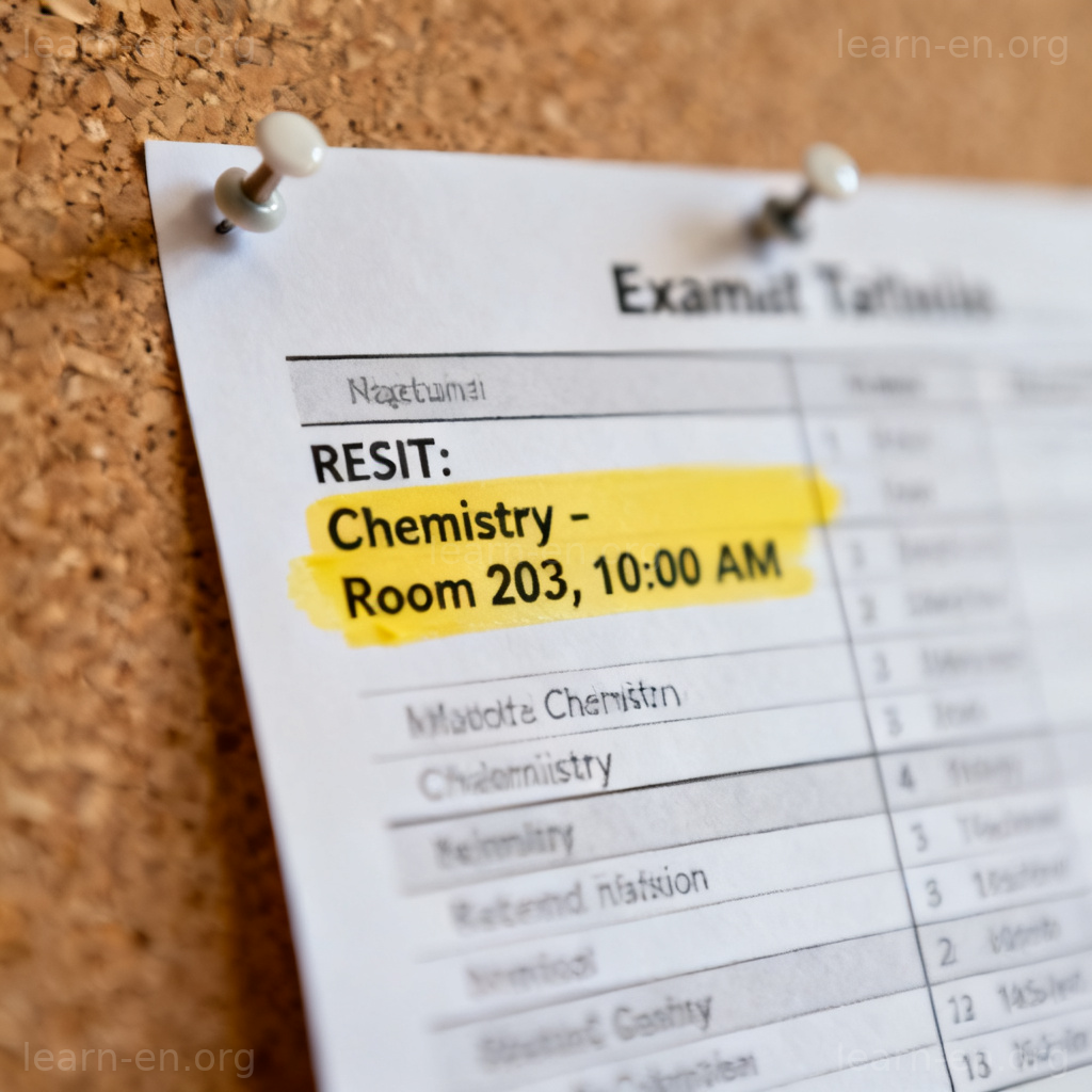 Resit exam timetable showing a highlighted retake schedule entry.