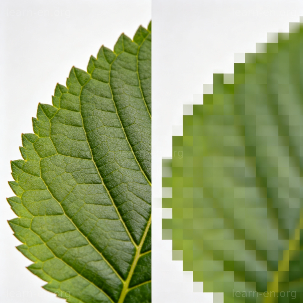 Resolution as image sharpness: high-res vs pixelated leaf