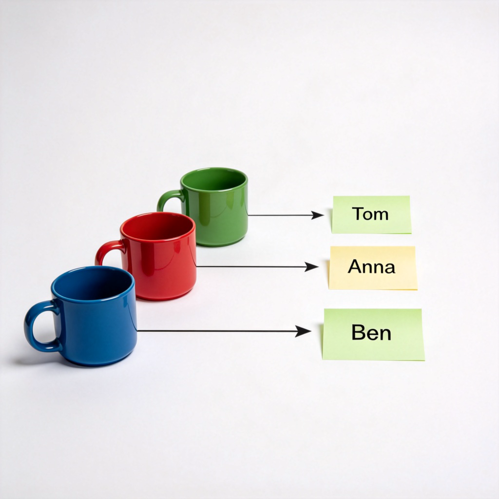 A clear and simple diagram. On the left side, three differently colored mugs are lined up in a row: blue, red, green. On the right side, three sticky notes with the names "Tom", "Anna", "Ben" are lined up in a row. Straight, clear arrows connect the blue mug to Tom, the red mug to Anna, and the green mug to Ben. A clean, white background. Photorealistic style. No text.