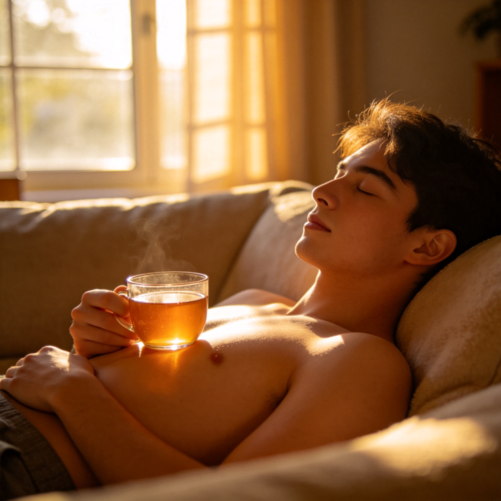A young adult lying comfortably on a soft sofa at home, eyes closed with a peaceful expression, holding a cup of tea on their stomach. Warm afternoon sunlight streams through a nearby window. The focus is on the person's relaxed posture and face. No text.