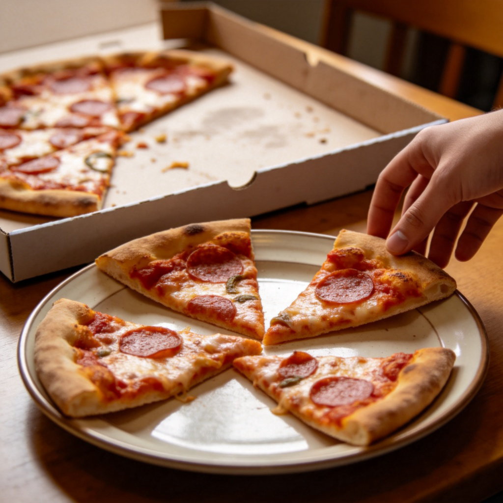 A close-up of a dinner table with a pizza box. Most slices are gone, leaving only three remaining pizza slices on a plate. A hand is reaching into the frame towards the leftover slices. Clear lighting, focus on the leftover pizza. No text.