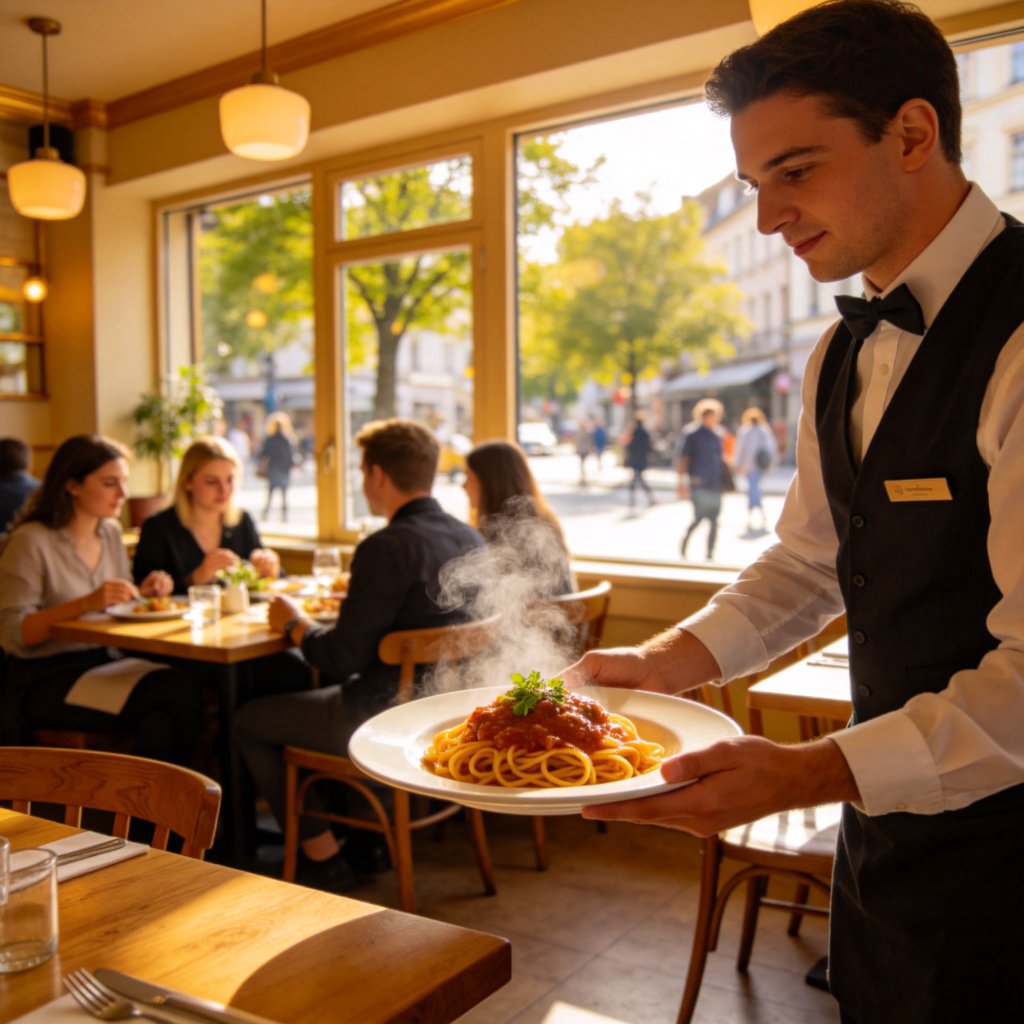 A cozy restaurant interior with wooden tables and chairs, customers sitting and enjoying meals, a waiter politely serving a plate of pasta. Warm lighting from ceiling lamps, large windows showing a sunny street outside. Clean and inviting atmosphere, realistic style, no text or logos visible.