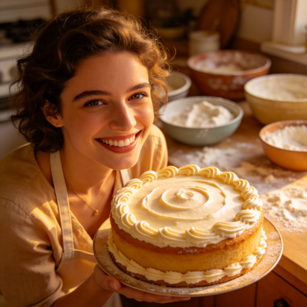 A happy person holding a beautifully decorated, perfectly baked cake, standing in a home kitchen with various mixing bowls and flour in the background. The cake is clearly the successful outcome of their cooking. Warm, inviting lighting, focus on the person's joyful expression and the cake. No text.