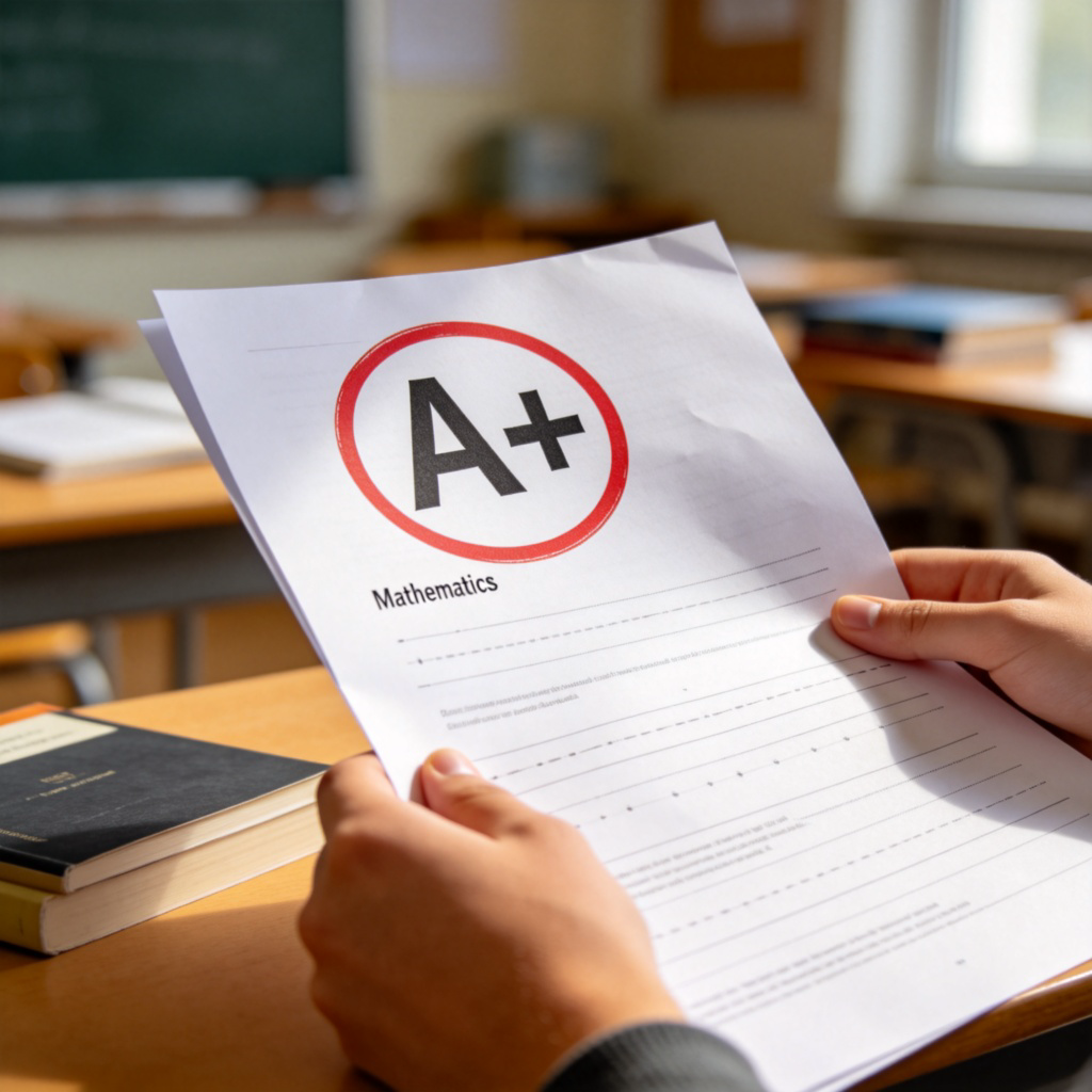 A close-up of a student's hand holding a printed paper with a large 'A+' grade clearly visible at the top, in a red circle. The background is a blurry classroom or study desk. The focus is entirely on the grade and the student's relieved hand. Daylight, realistic style. No text on the paper other than the grade and maybe a subject name.